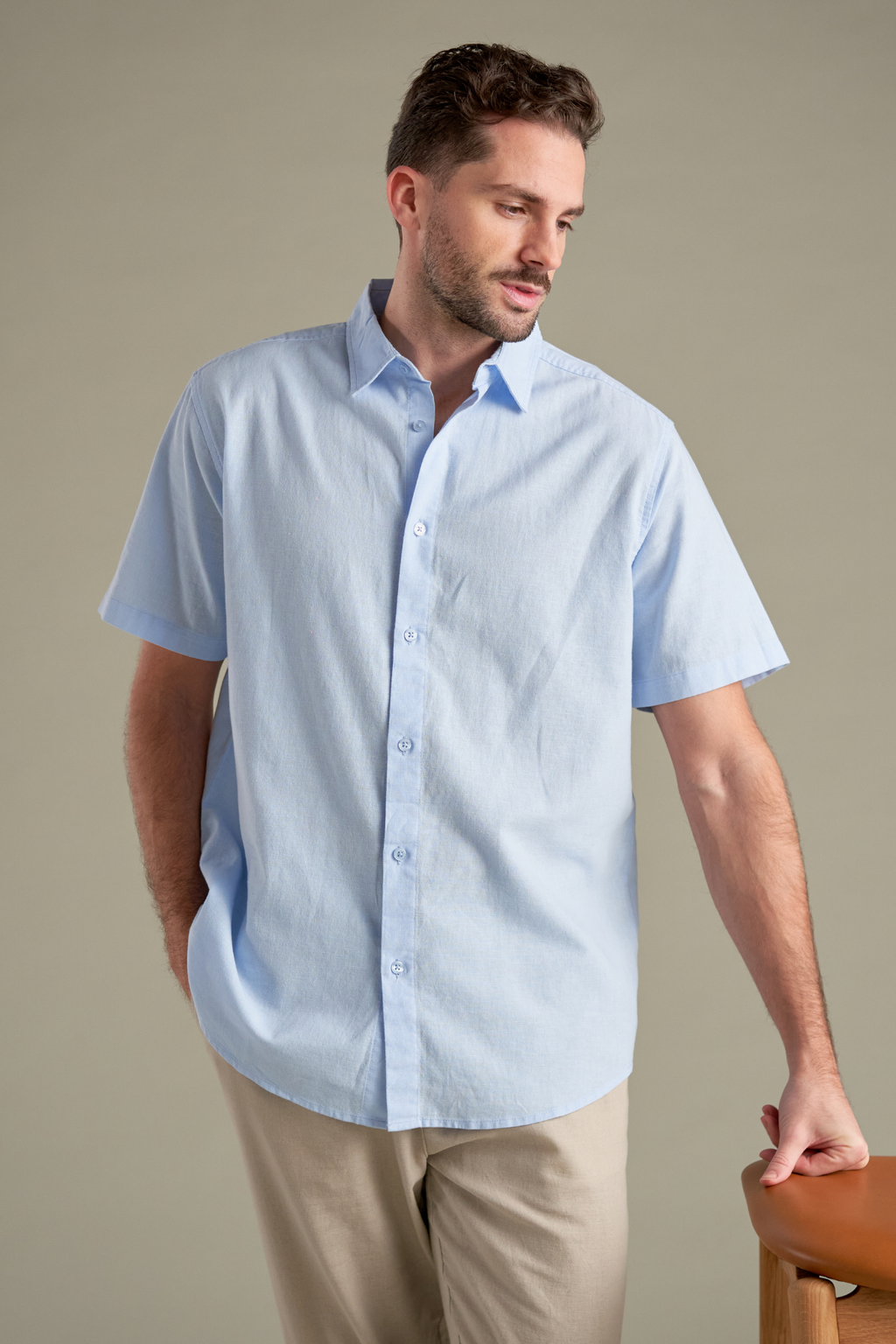 Short Sleeve Linen Shirt - Light Blue