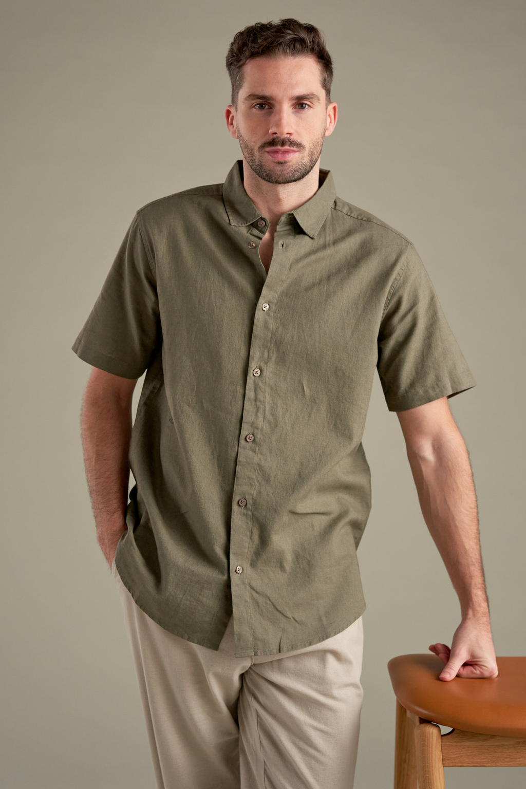 Korte mouw linnen shirt - leger