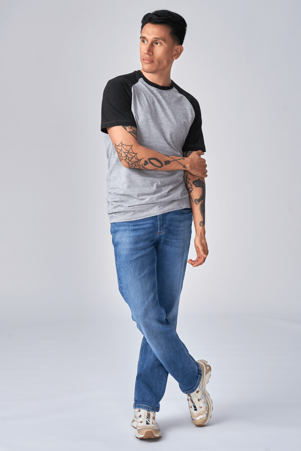 Basic Raglan T-shirt-zwart-licht grijs