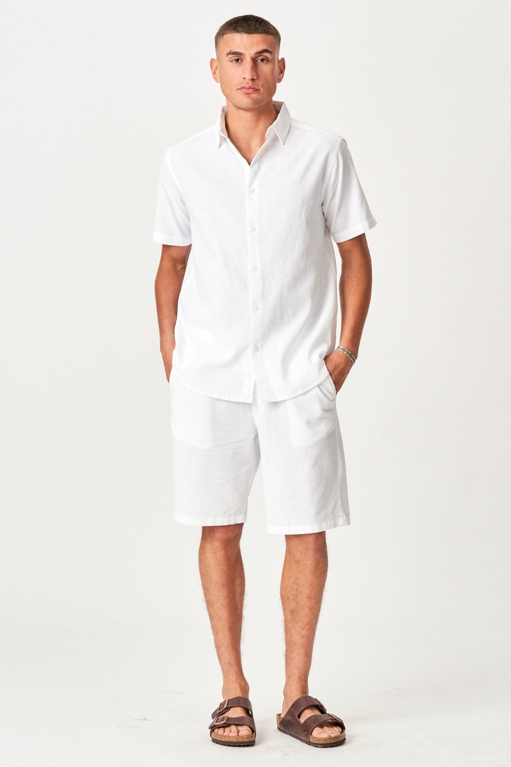 Linnen set shirt met korte mouwen + linnen Shorts - Wit (pakketdeal)