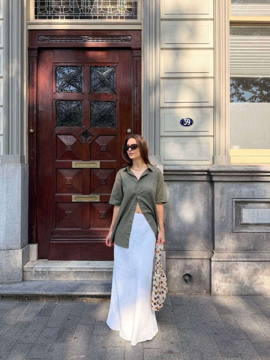 Korte mouw linnen shirt - leger