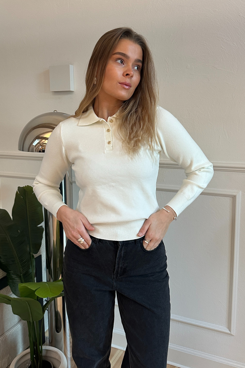 Poloshirt met lange mouwen - Ecru