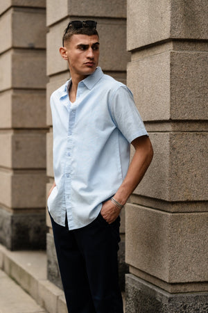 Short Sleeve Linen Shirt - Light Blue