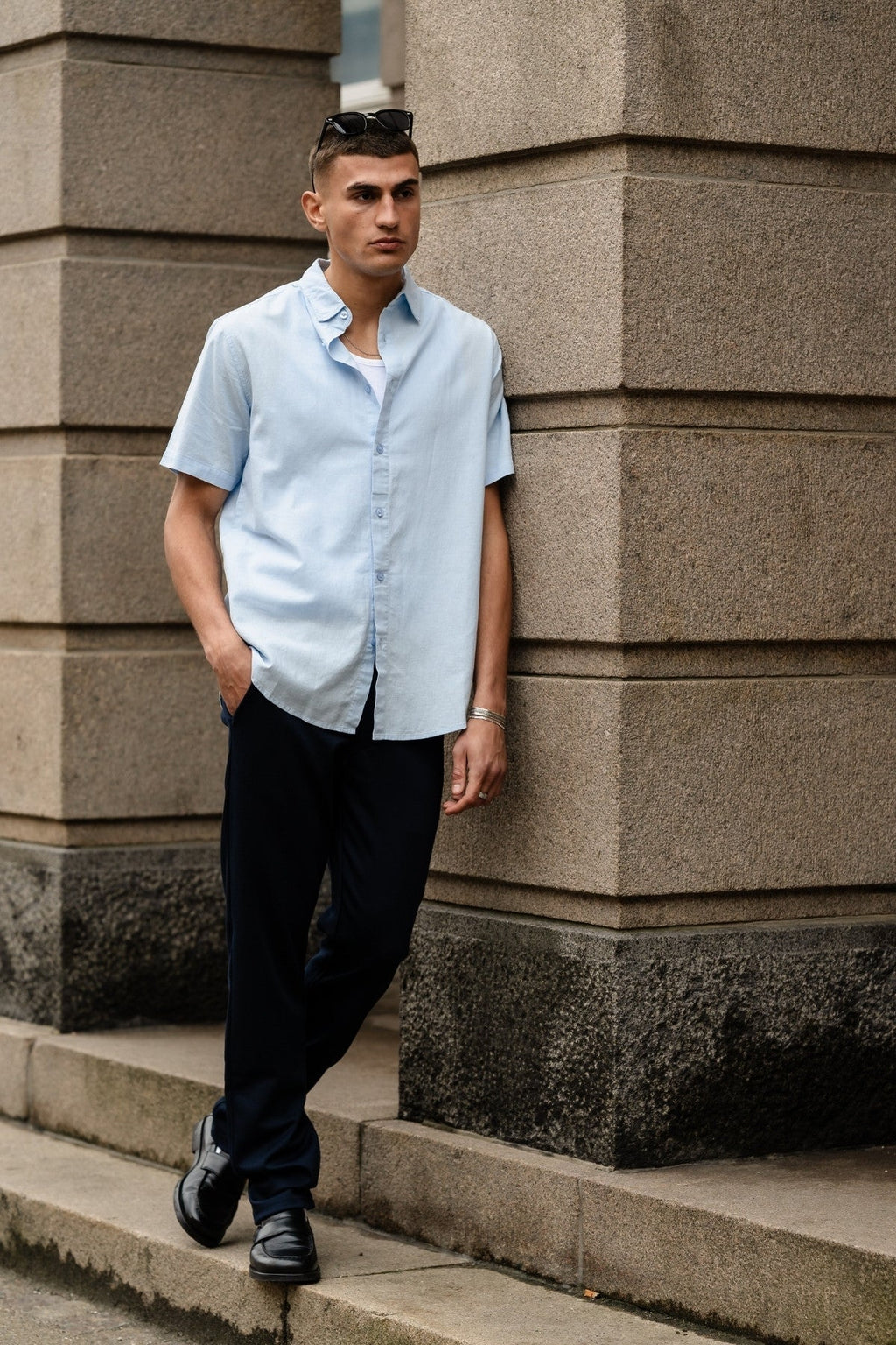Short Sleeve Linen Shirt - Light Blue