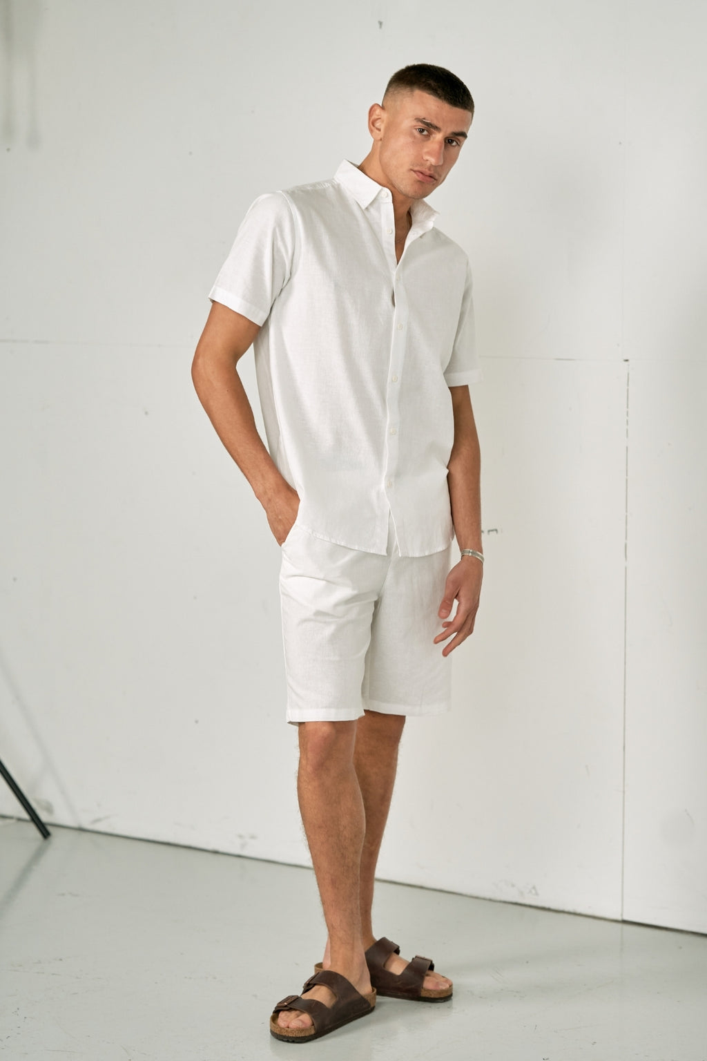 Linnen set shirt met korte mouwen + linnen Shorts - Wit (pakketdeal)