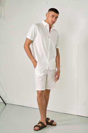 Linnen set shirt met korte mouwen + linnen Shorts - Wit (pakketdeal)