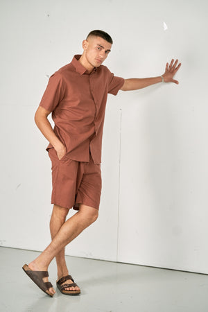 Linnen set shirt met korte mouwen + linnen Shorts - Terracotta (pakketdeal)