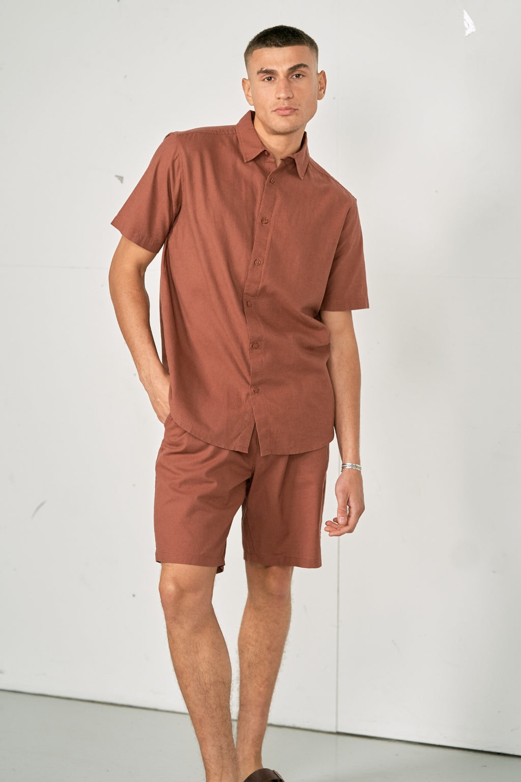 Linnen set shirt met korte mouwen + linnen Shorts - Terracotta (pakketdeal)