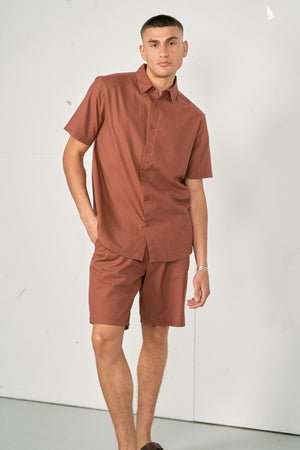Linnen set shirt met korte mouwen + linnen Shorts - Terracotta (pakketdeal)