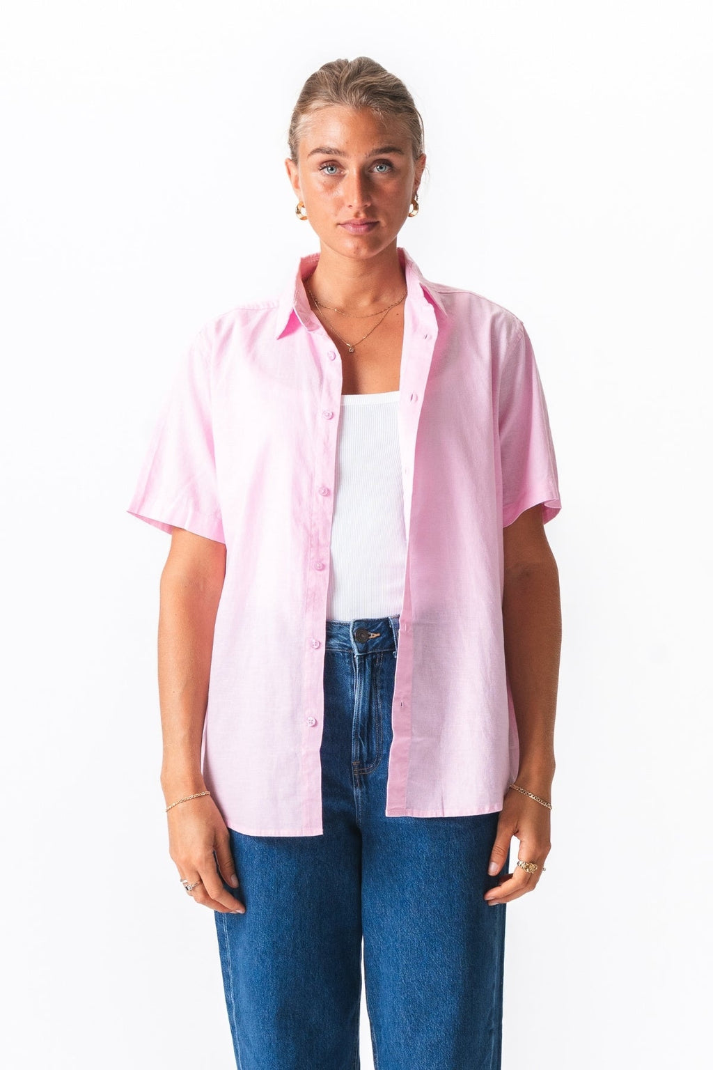 Korte mouw linnen shirt - licht rood