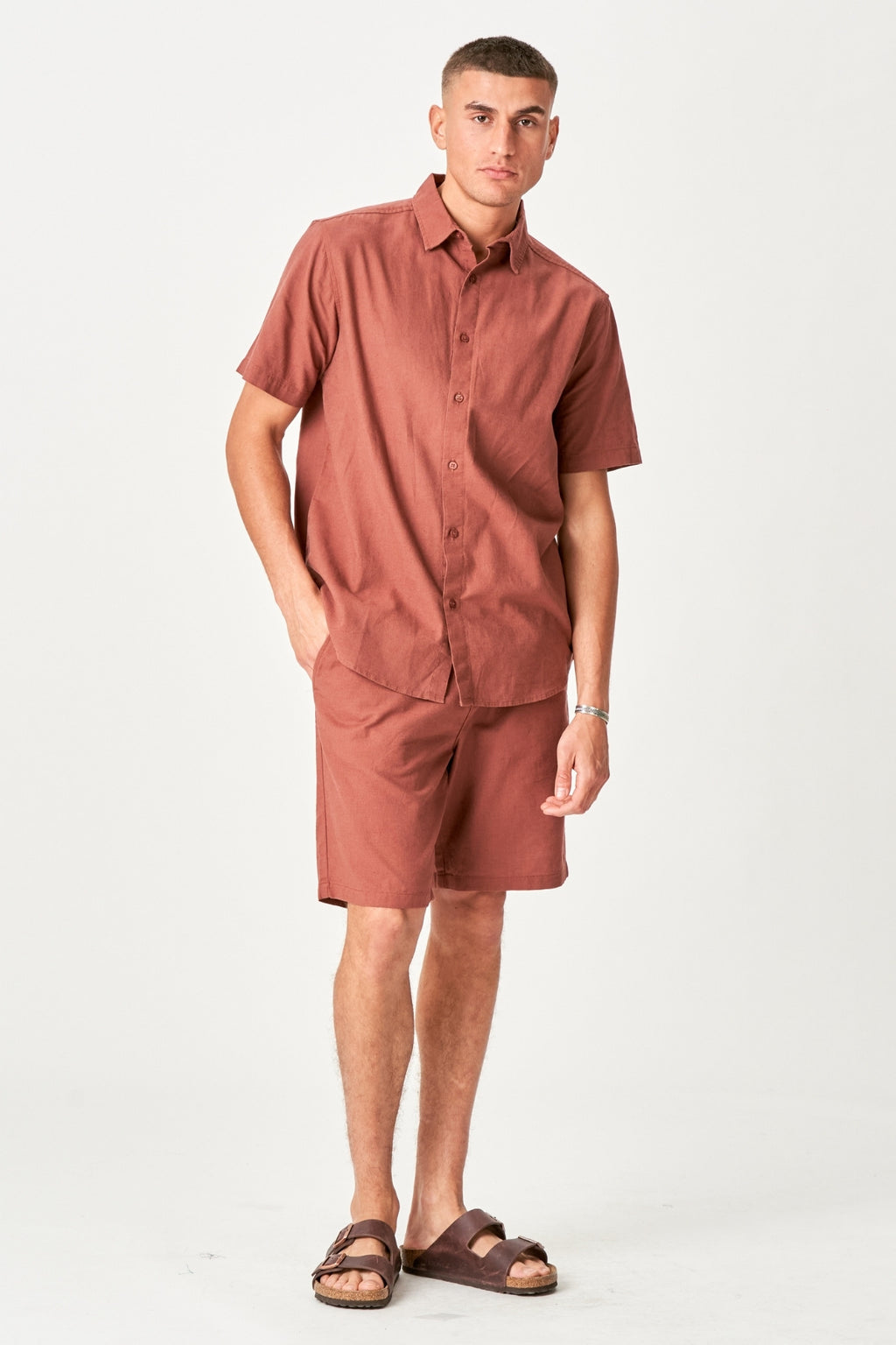 Linnen set shirt met korte mouwen + linnen Shorts - Terracotta (pakketdeal)