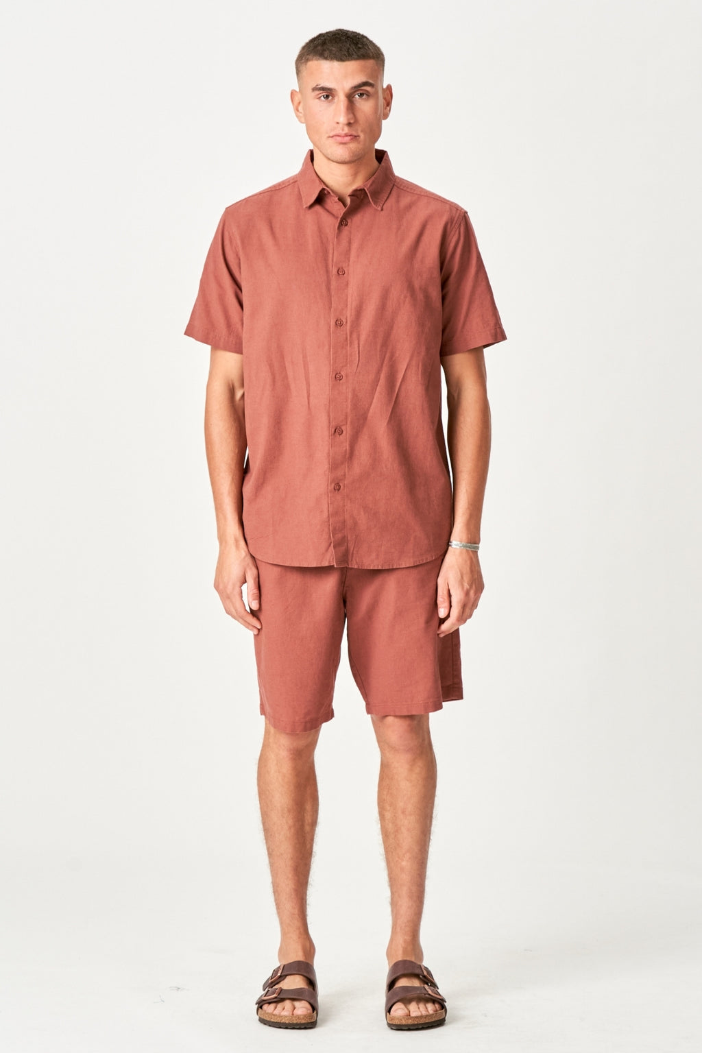 Linnen set shirt met korte mouwen + linnen Shorts - Terracotta (pakketdeal)