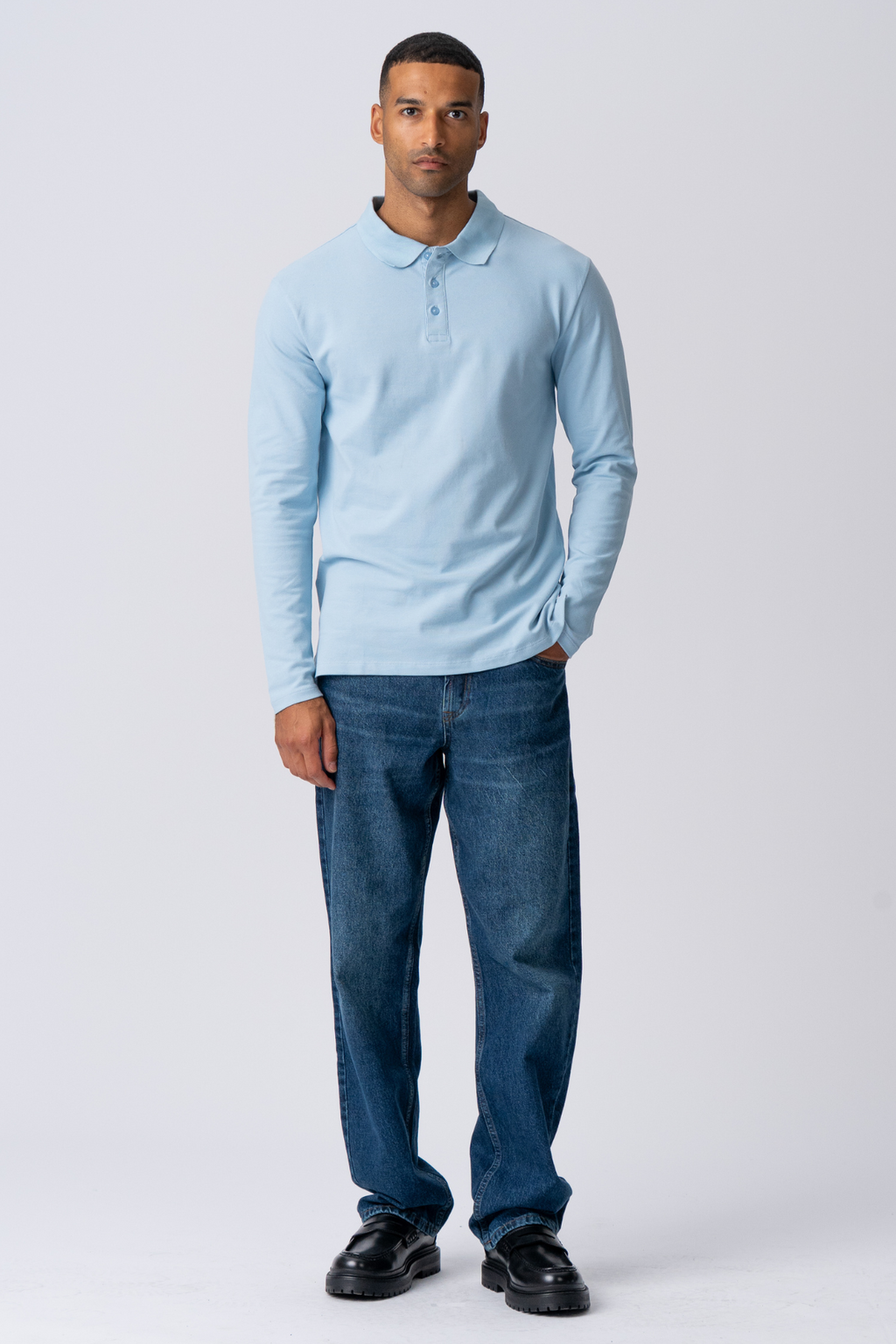 Muscle Long Sleeve Polo Shirt - Light Blue