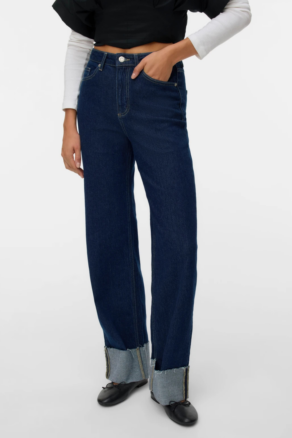 Tessa Fold Up Wide Denim Jeans - Dark Blue Denim