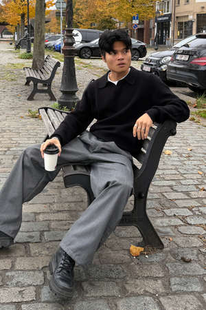 Gebreide polo met lange mouwen - zwart