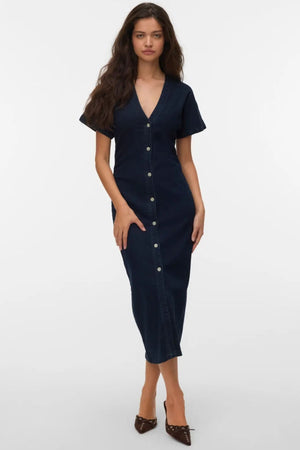 Sanni jurk met V-hals - donkerblauw denim