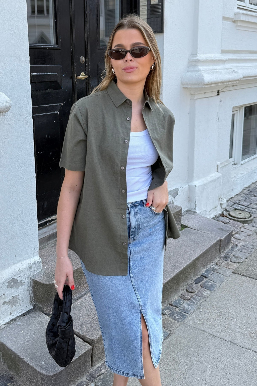 Korte mouw linnen shirt - leger