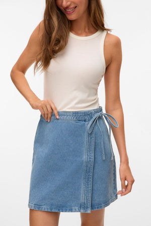 Liza korte denim wikkelrok - medium blauw denim