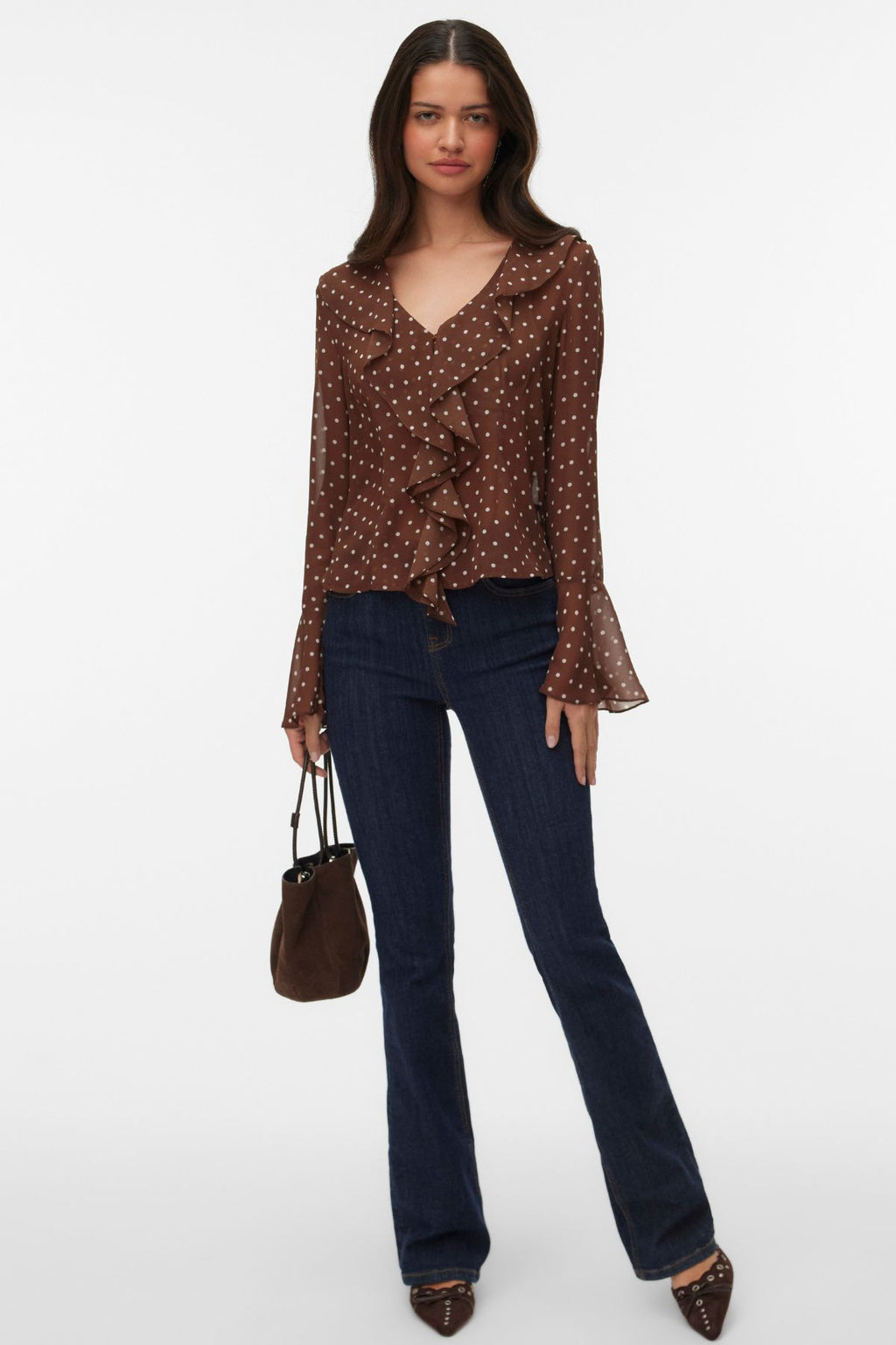Willow Frill Top - Chocolate Martini: Sneeuwwitte stip