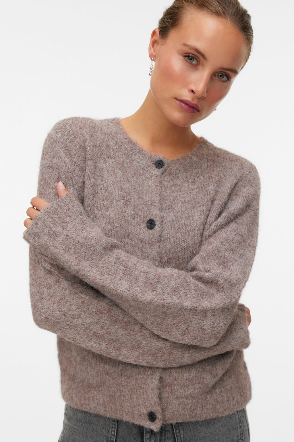 Novah O-Neck Button Cardi - Brown Lentil Melange