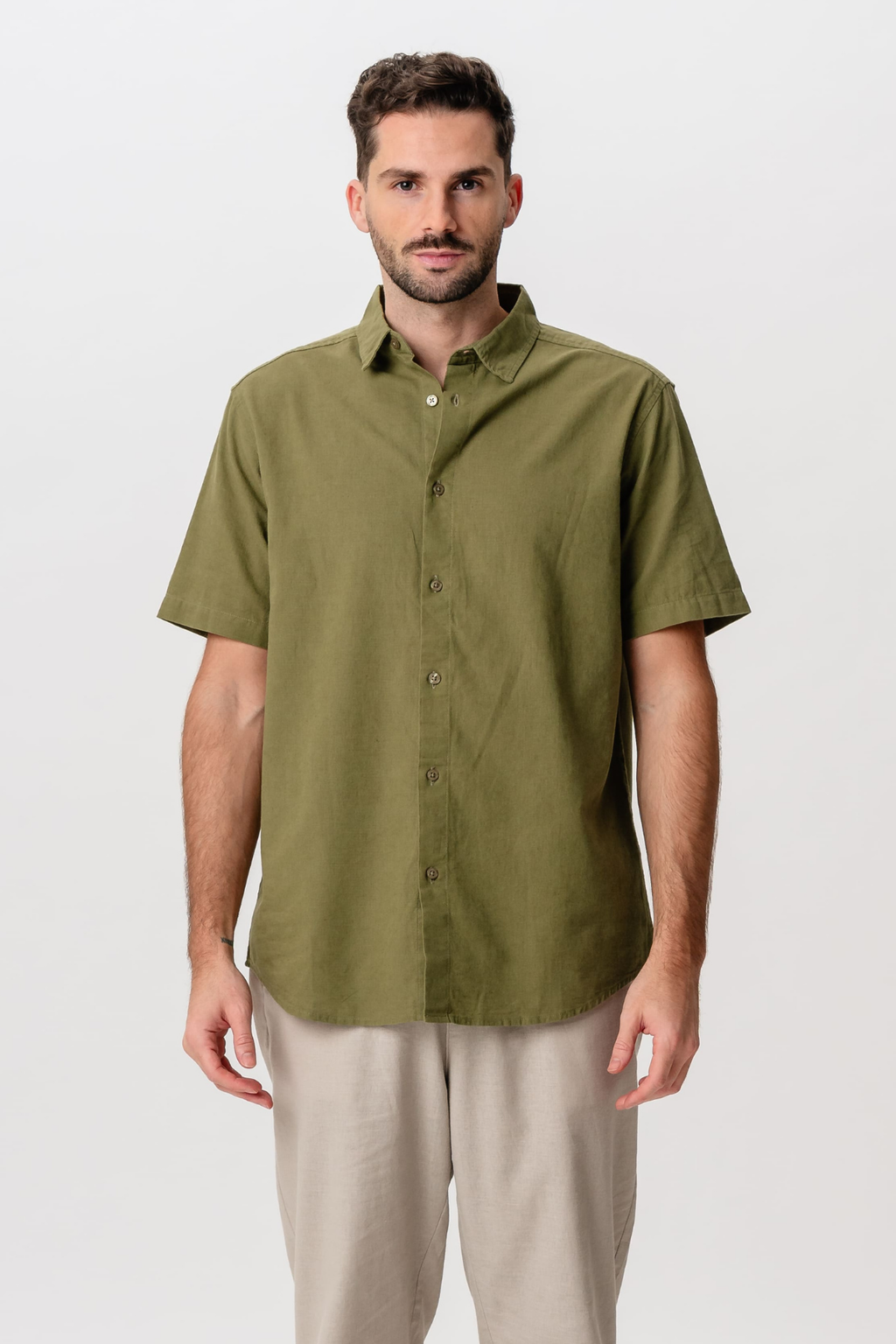 Short Sleeve Linen Shirt - Green
