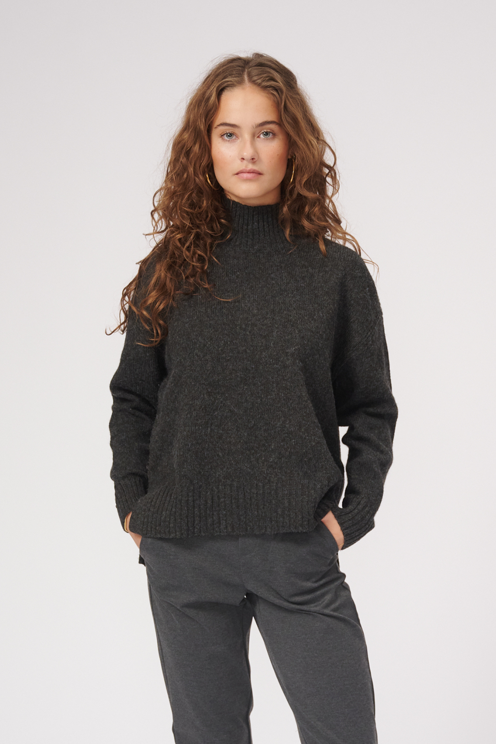 Oversized gebreide polo -neck trui - donkergrijze melange