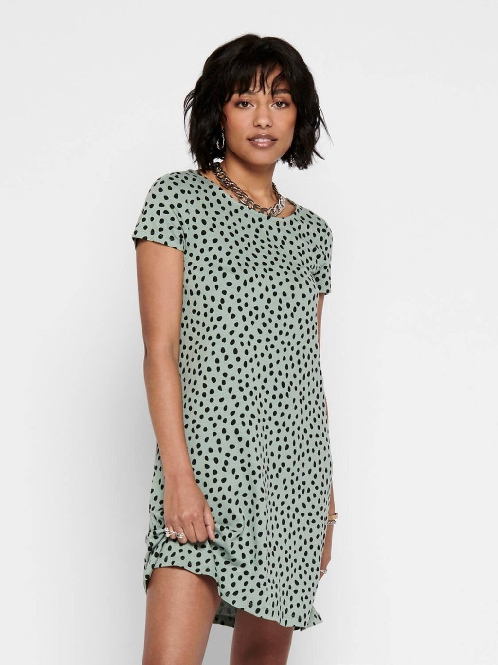 Losse jurk met achterste details - Chinois Green Black stippeld