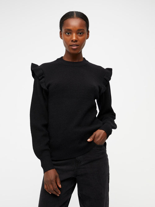 Malena Ruffle Pullover - Black - TeeShoppen Group™ - Knitwear - Object
