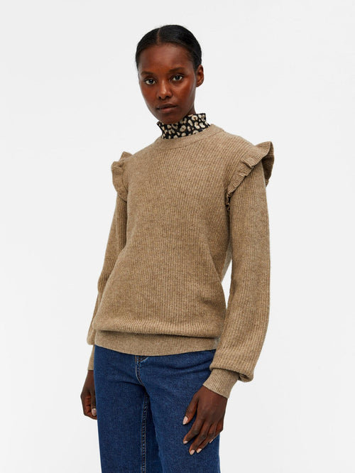Malena Ruffle Pullover Strik - Fossil - TeeShoppen Group™ - Knitwear - Object
