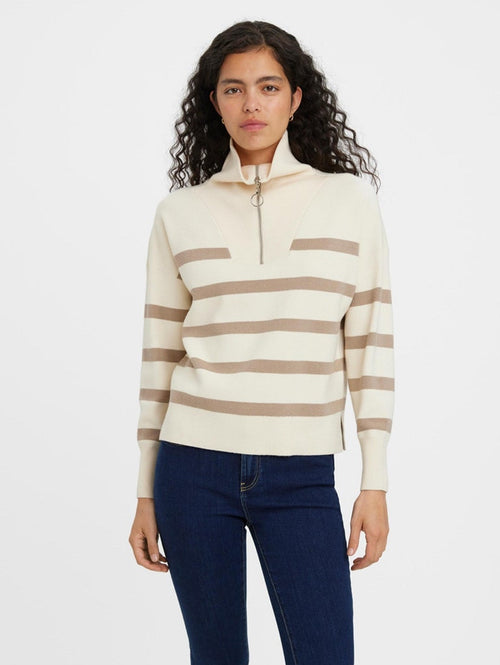 Saba Stripe Half-zip Blouse - Birch Brown - TeeShoppen Group™ - Knitwear - Vero Moda